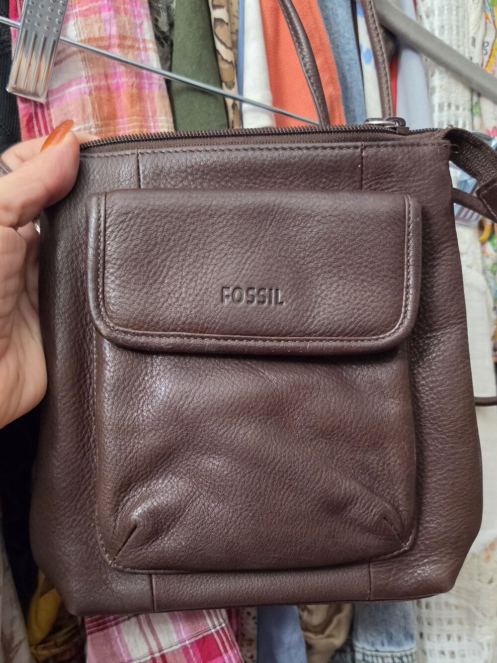 Fossil Dark Brown Pebbled Leather Messenger Crossbody
